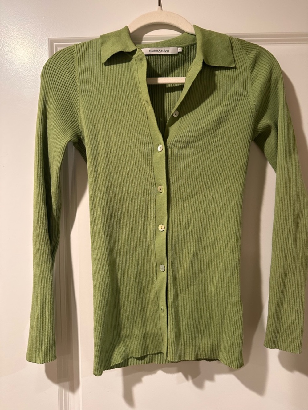 Green Ribbed Button-Down Top